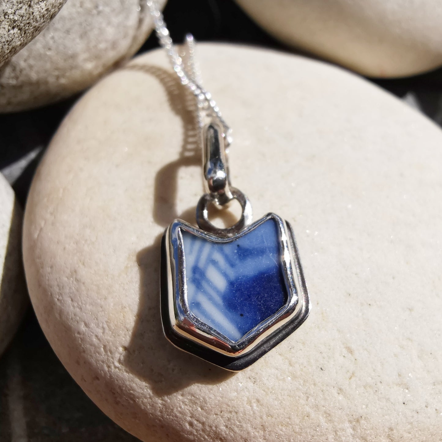 Blue and white sea porcelain & sterling silver pendant.