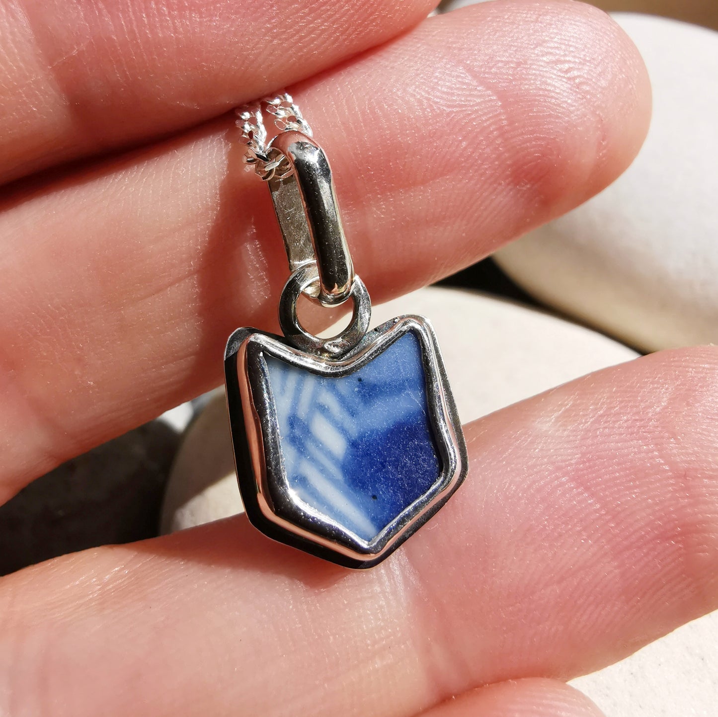 Blue and white sea porcelain & sterling silver pendant.