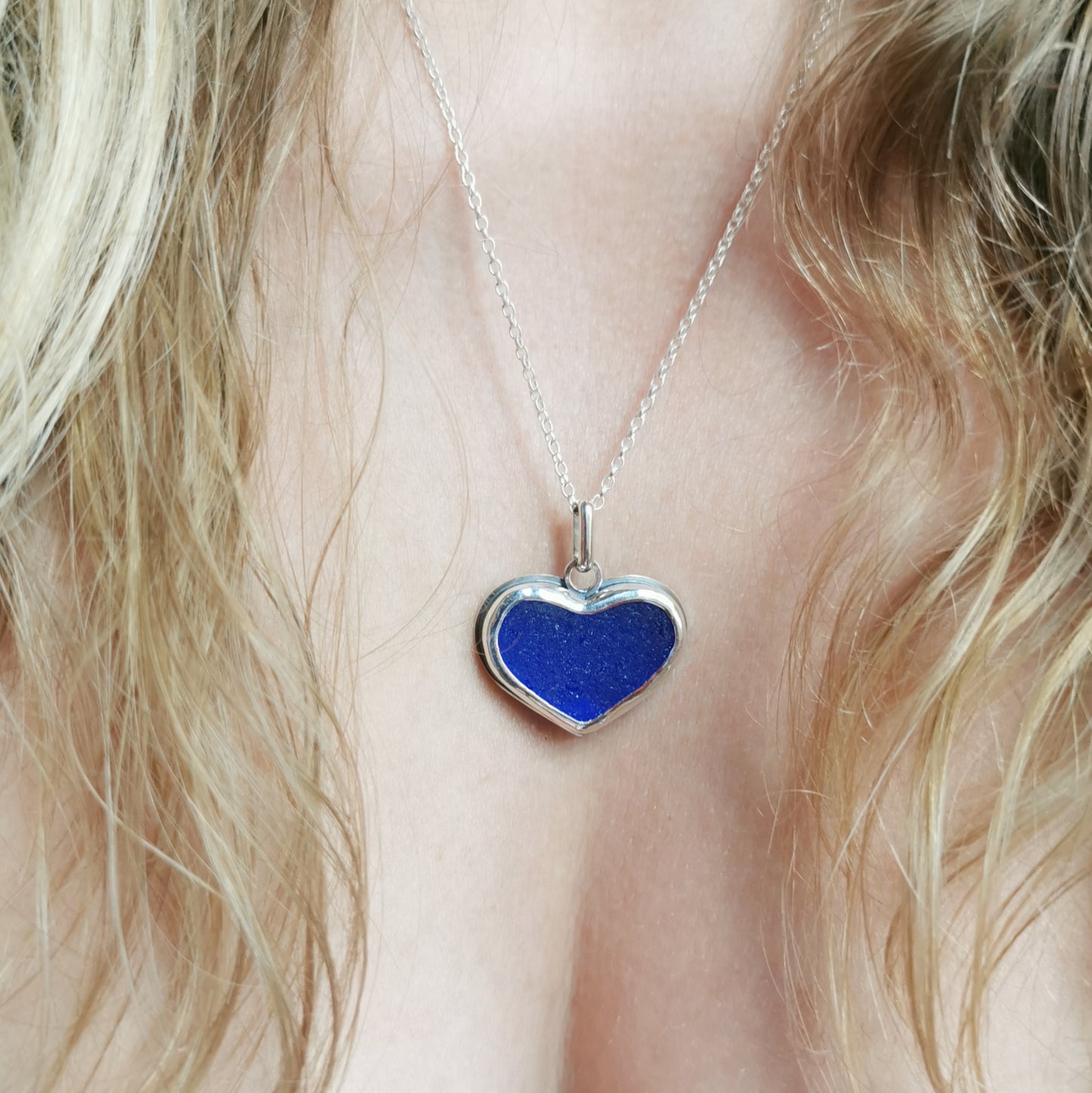 Cobalt blue sea glass heart & sterling silver pendant.