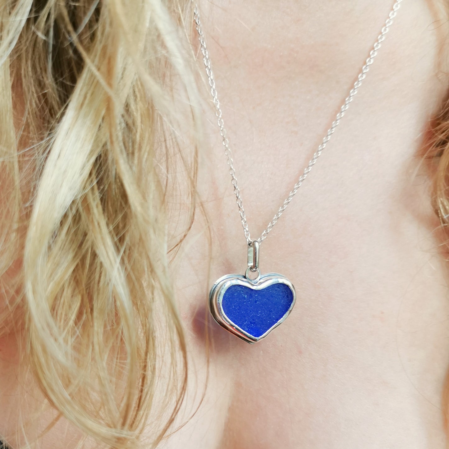 Cobalt blue sea glass heart & sterling silver pendant.