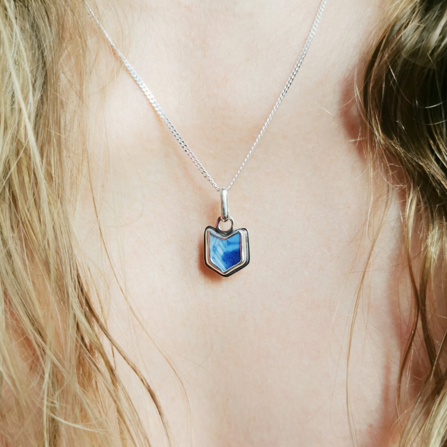 Blue and white sea porcelain & sterling silver pendant.