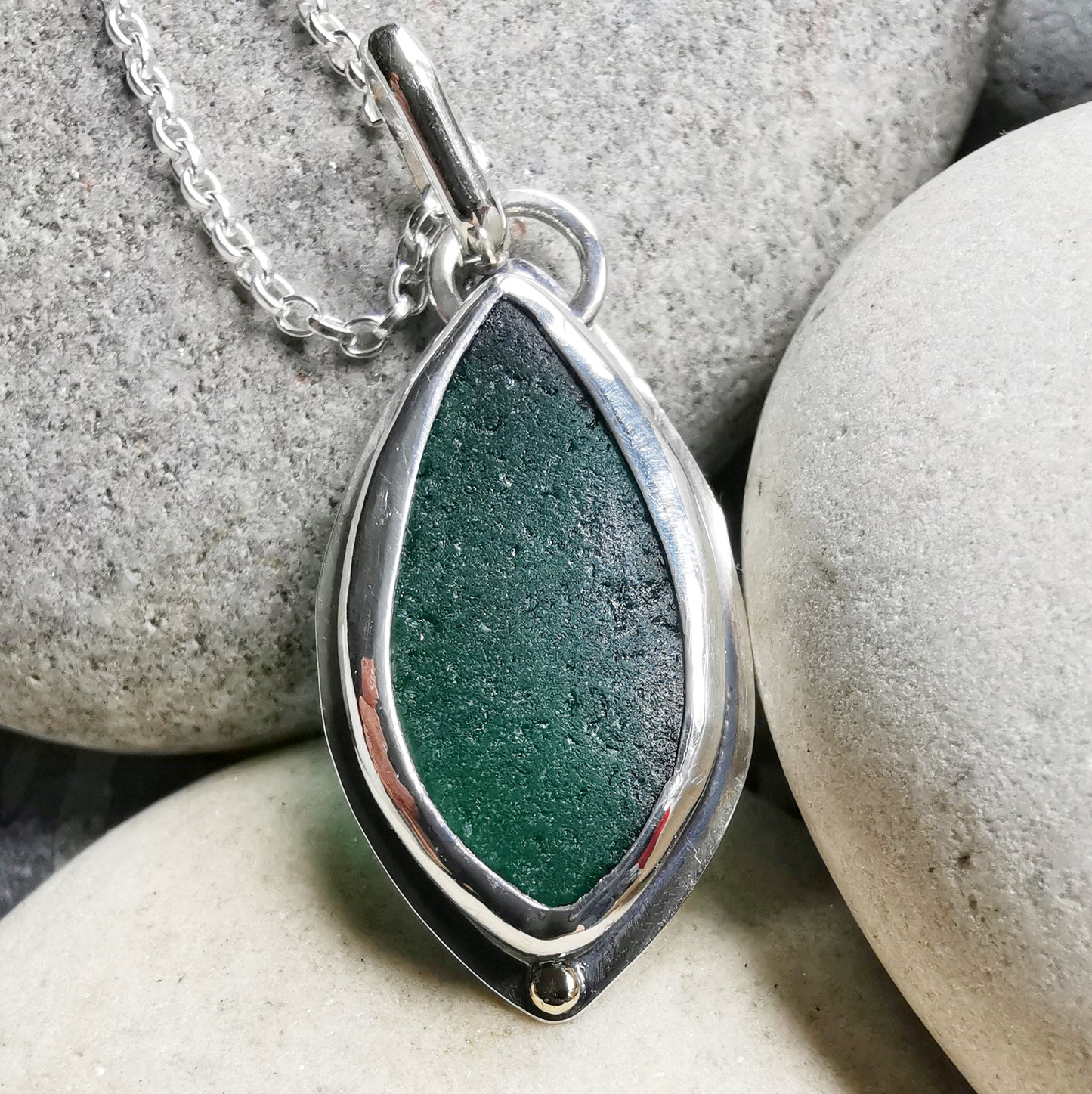 Scottish teal green sea glass, sterling silver and 9ct gold pendant.