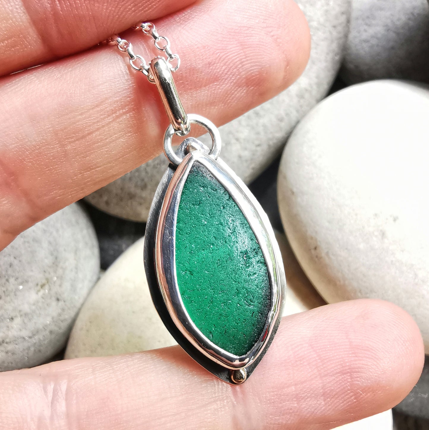 Scottish teal green sea glass, sterling silver and 9ct gold pendant.