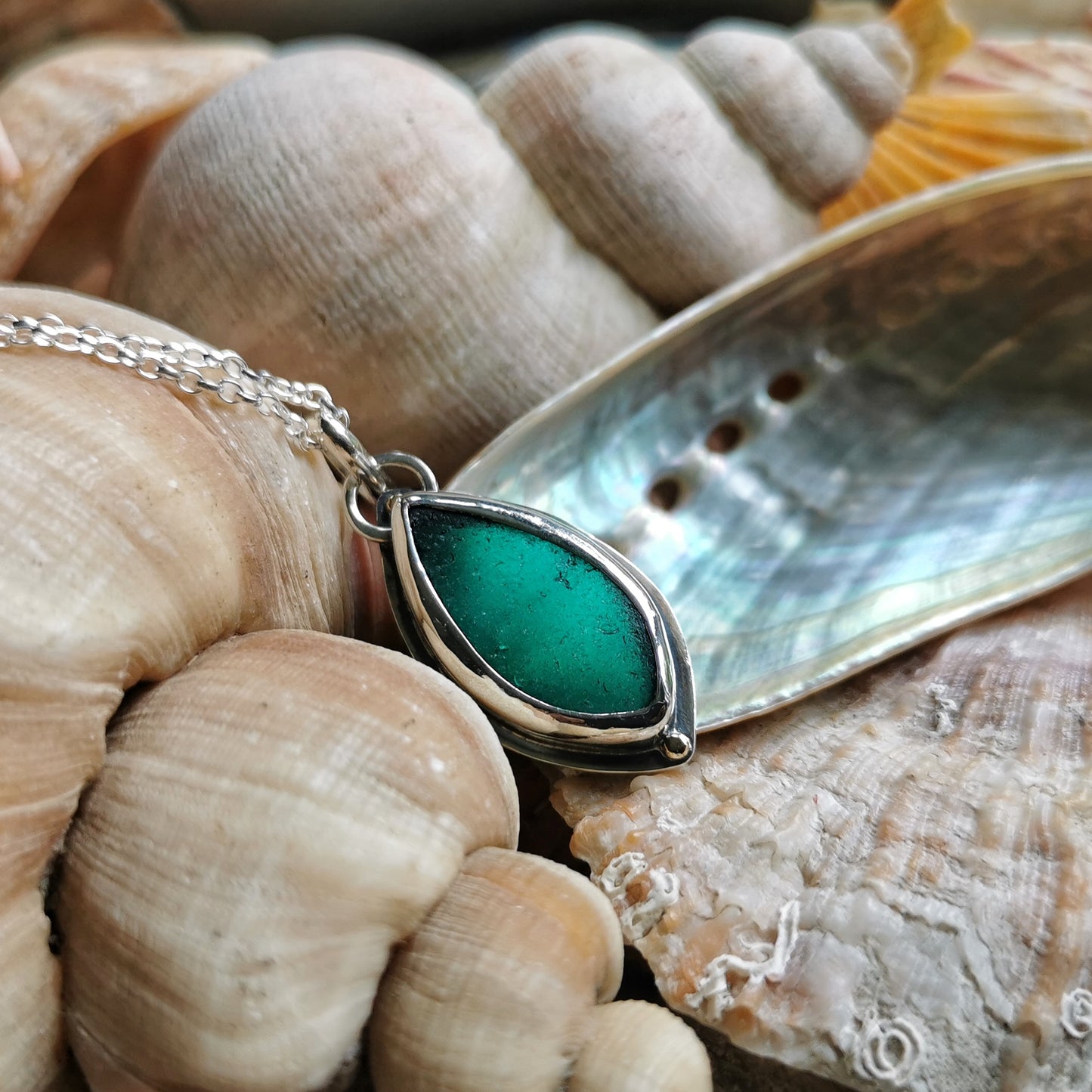 Scottish teal green sea glass, sterling silver and 9ct gold pendant.
