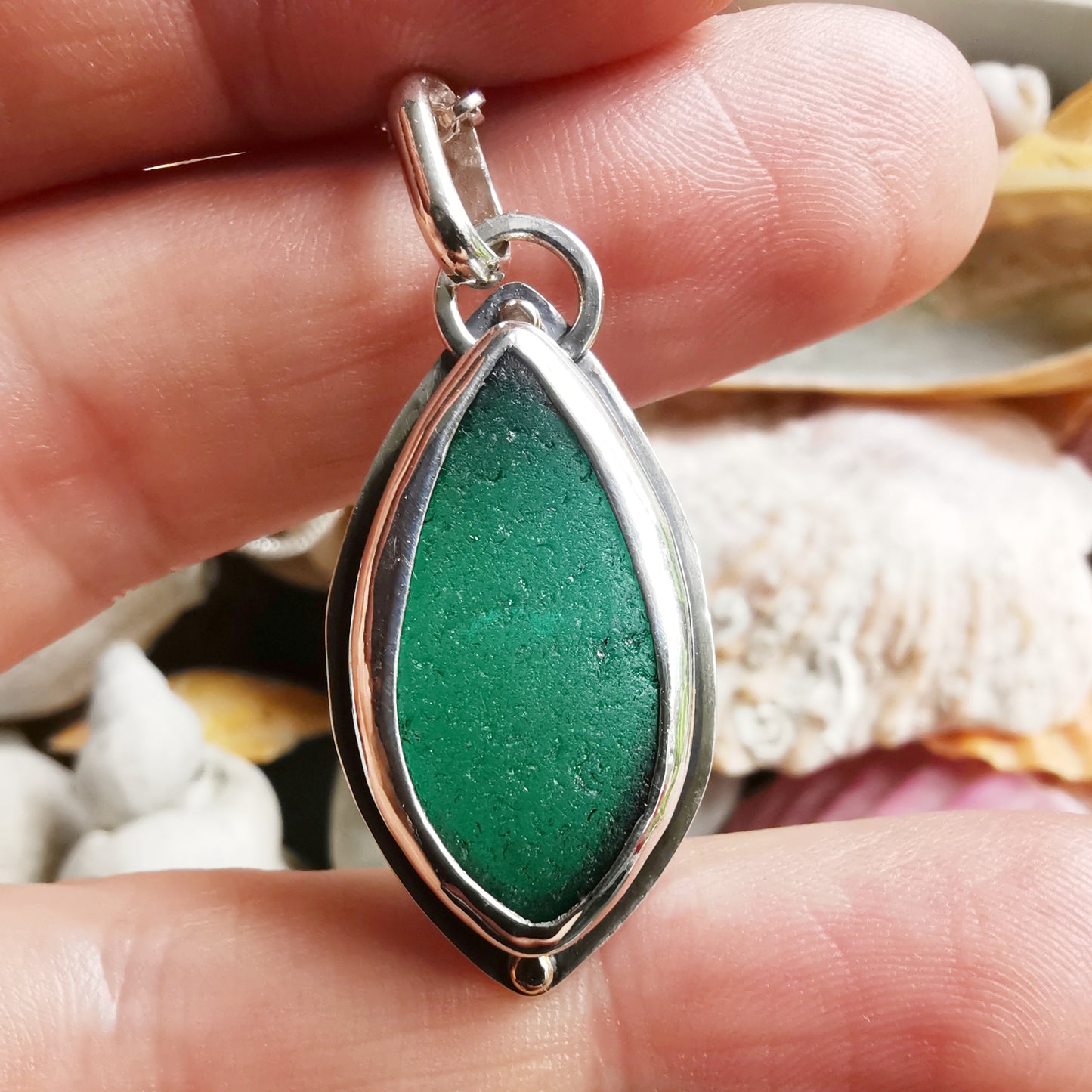 Scottish teal green sea glass, sterling silver and 9ct gold pendant.