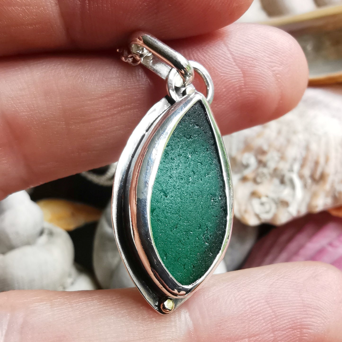 Scottish teal green sea glass, sterling silver and 9ct gold pendant.