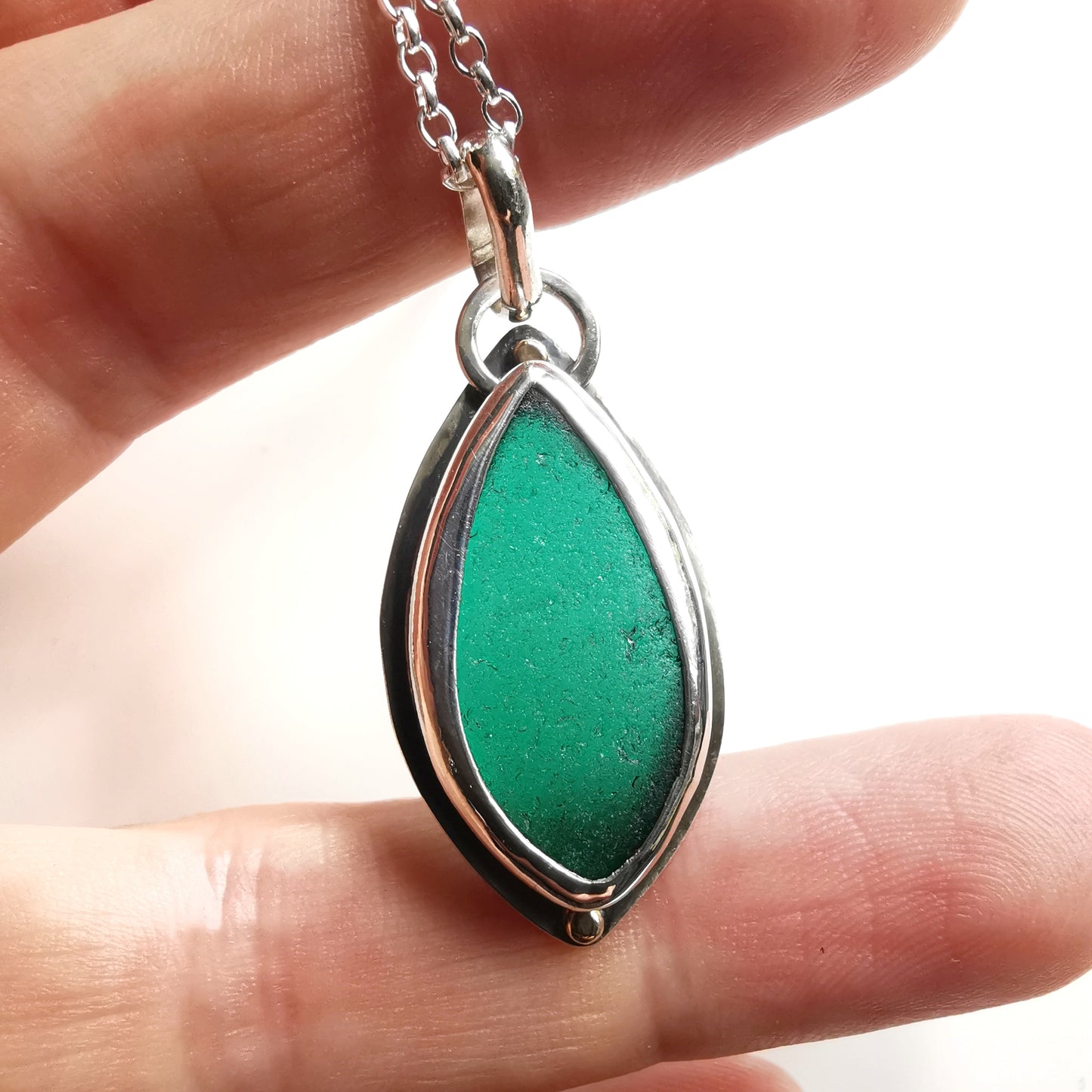 Scottish teal green sea glass, sterling silver and 9ct gold pendant.