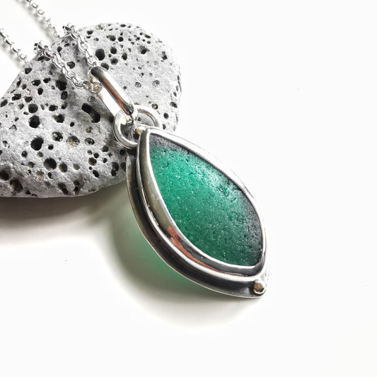 Scottish teal green sea glass, sterling silver and 9ct gold pendant.
