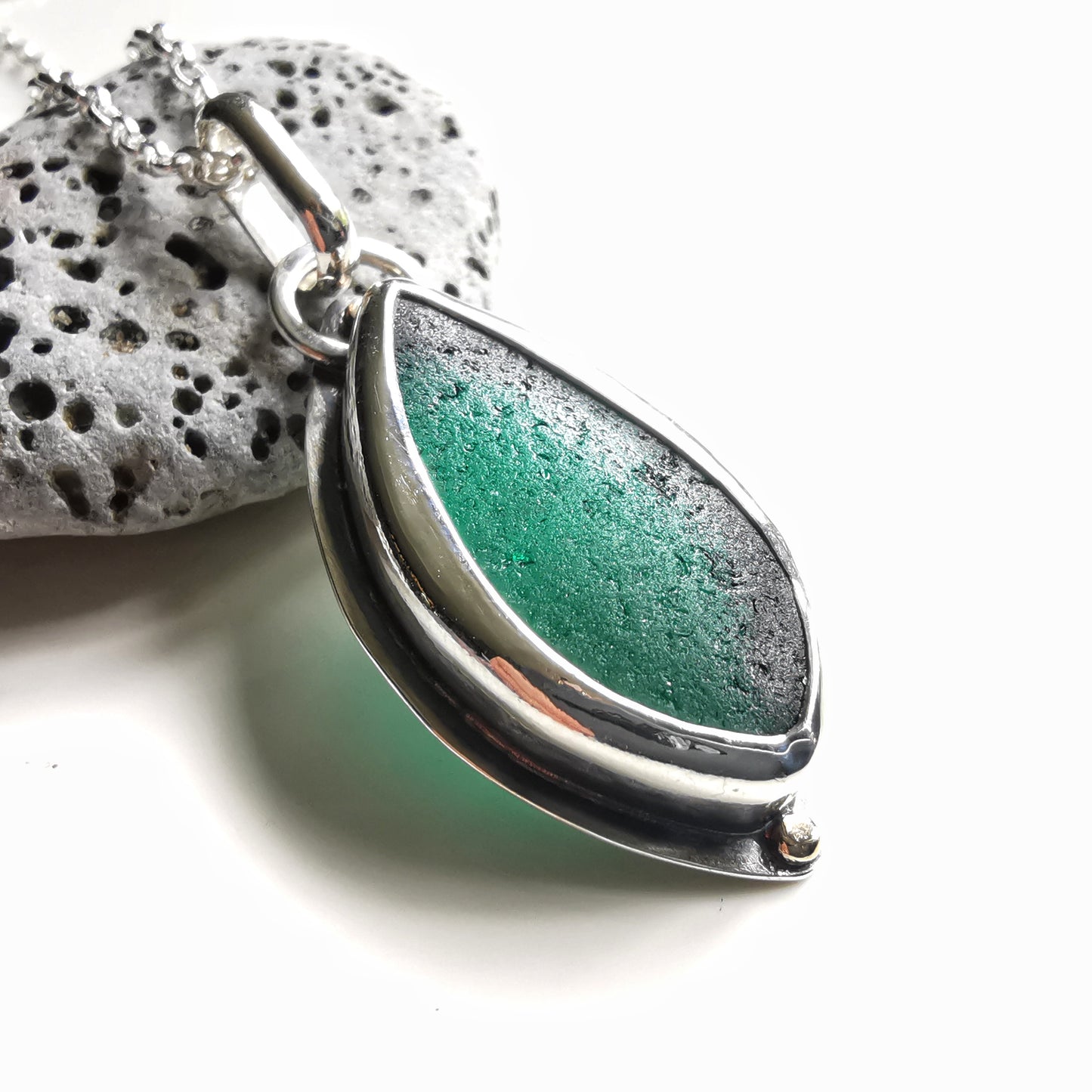 Scottish teal green sea glass, sterling silver and 9ct gold pendant.