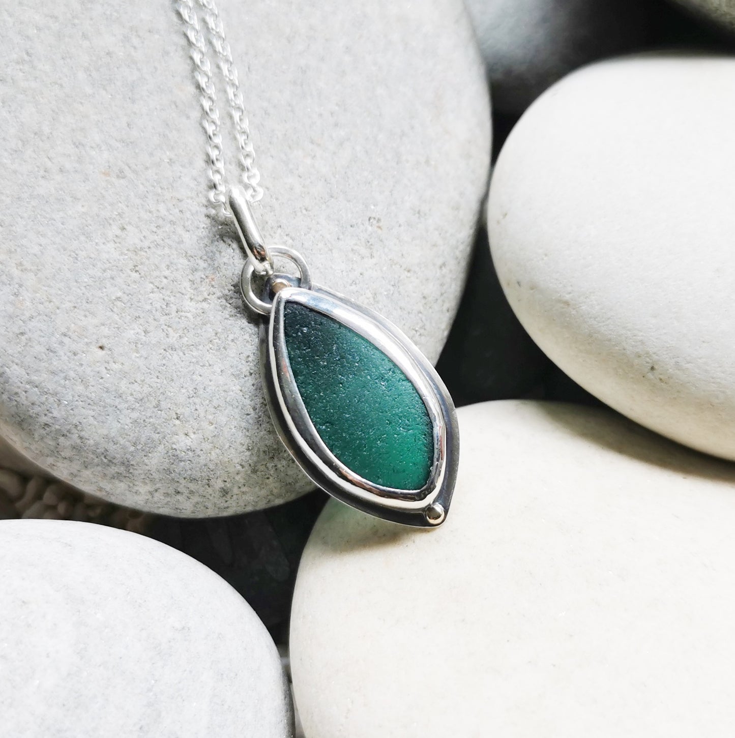 Scottish teal green sea glass, sterling silver and 9ct gold pendant.