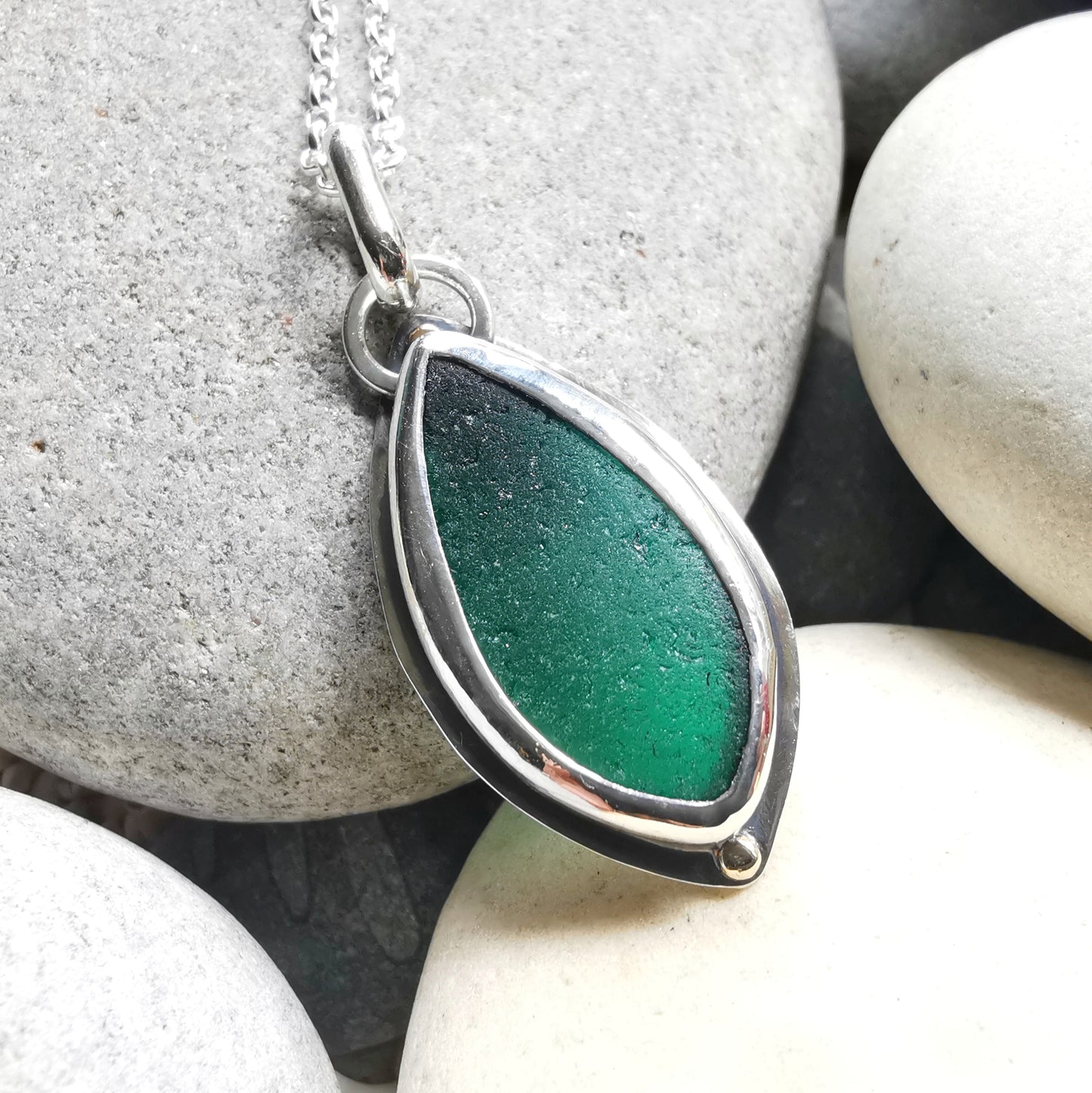 Scottish teal green sea glass, sterling silver and 9ct gold pendant.