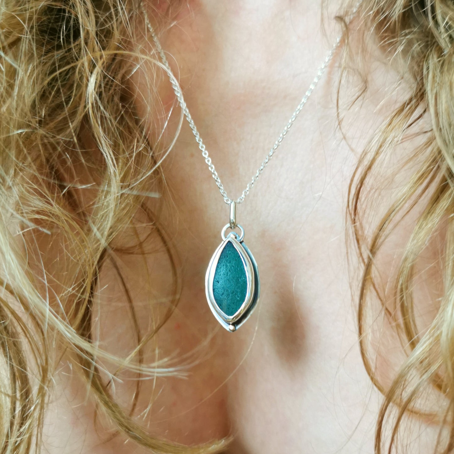 Scottish teal green sea glass, sterling silver and 9ct gold pendant.