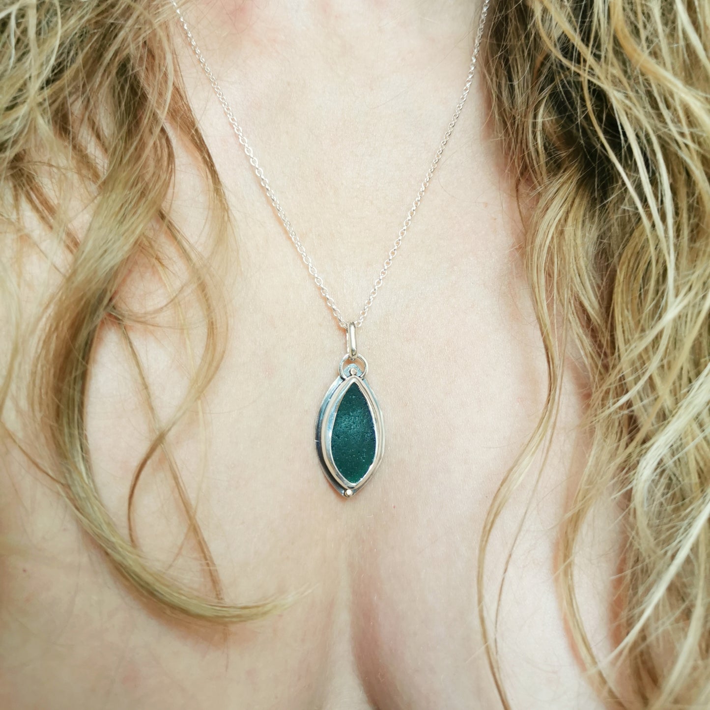 Scottish teal green sea glass, sterling silver and 9ct gold pendant.