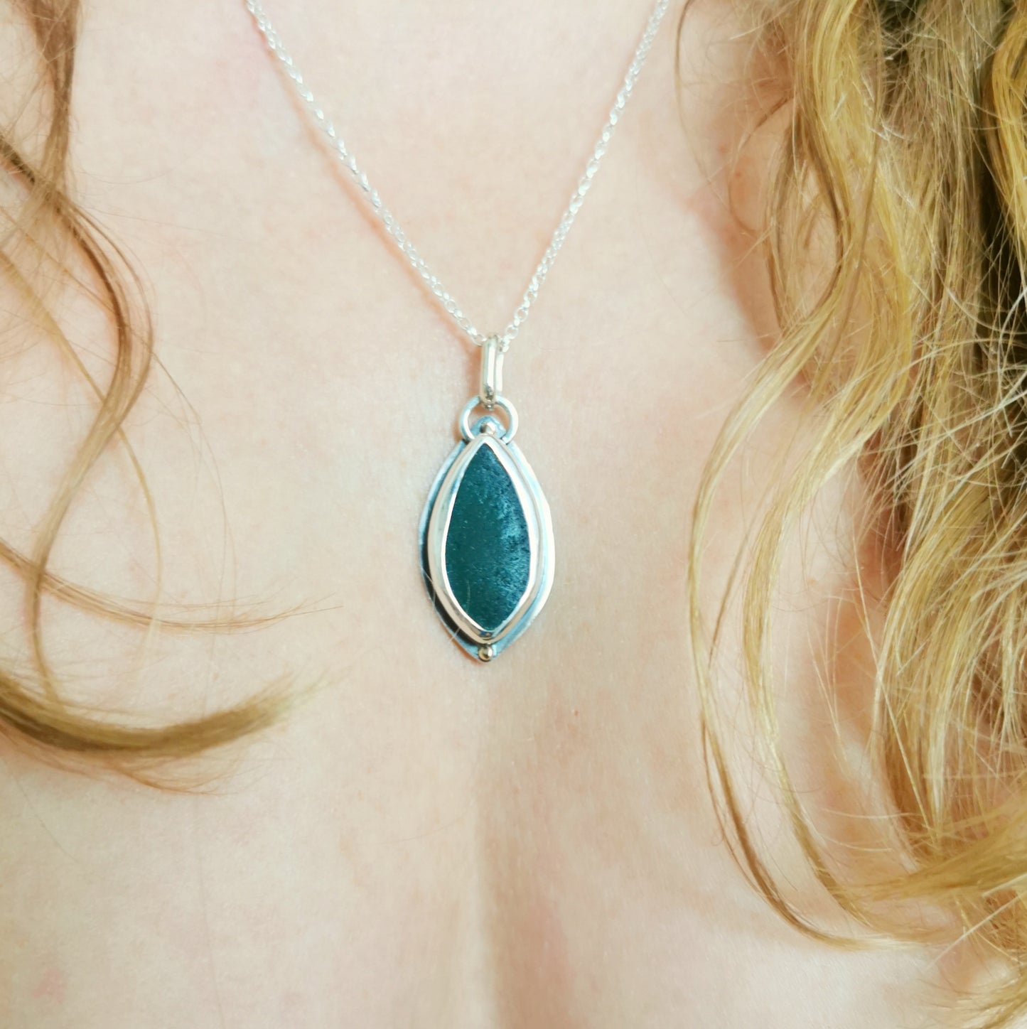 Scottish teal green sea glass, sterling silver and 9ct gold pendant.