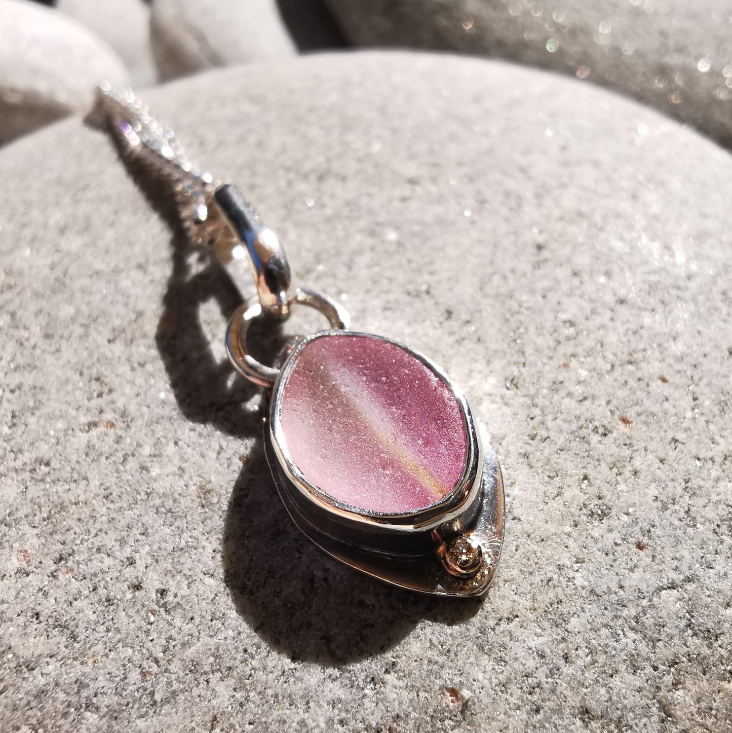 Scottish pink sea glass & sterling silver and 9ct gold pendant.