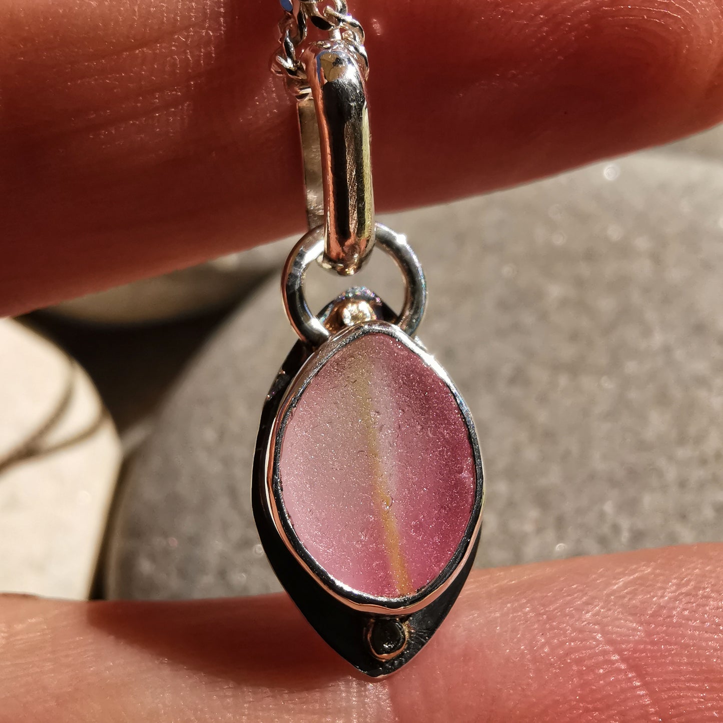 Scottish pink sea glass & sterling silver and 9ct gold pendant.