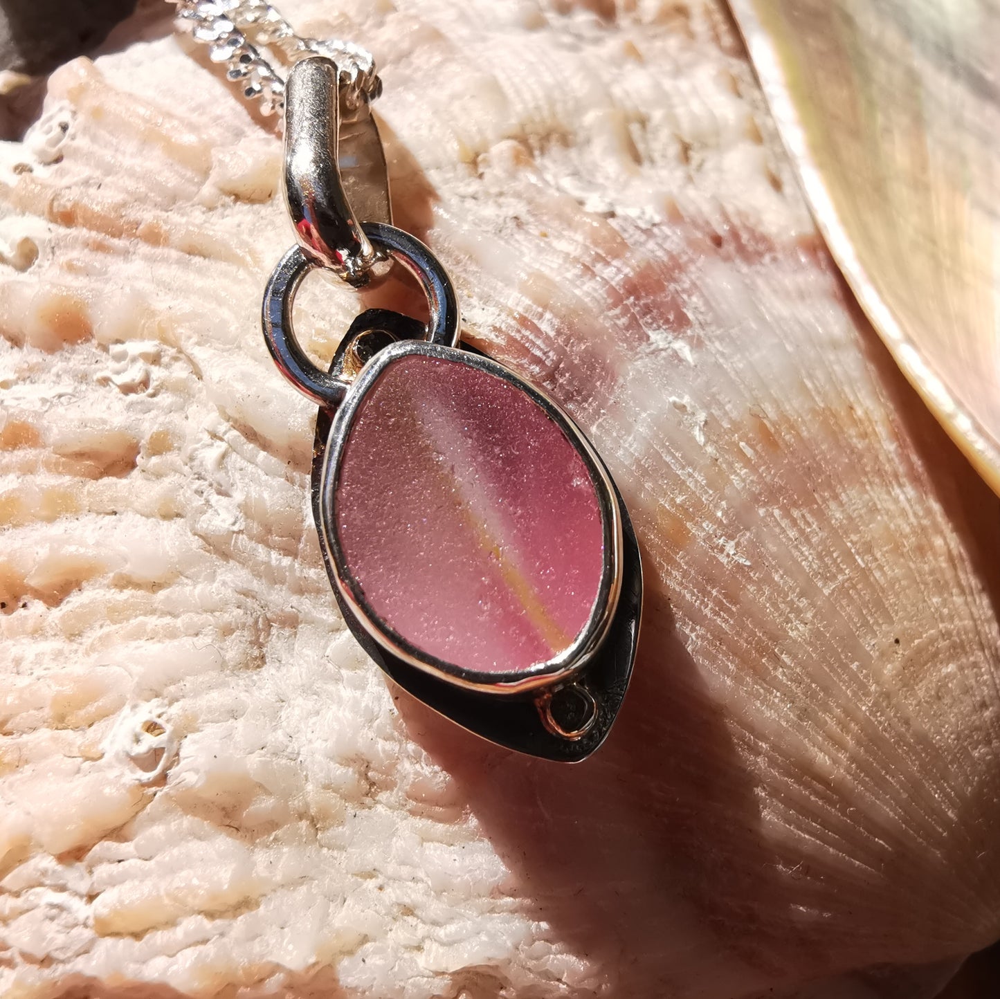Scottish pink sea glass & sterling silver and 9ct gold pendant.