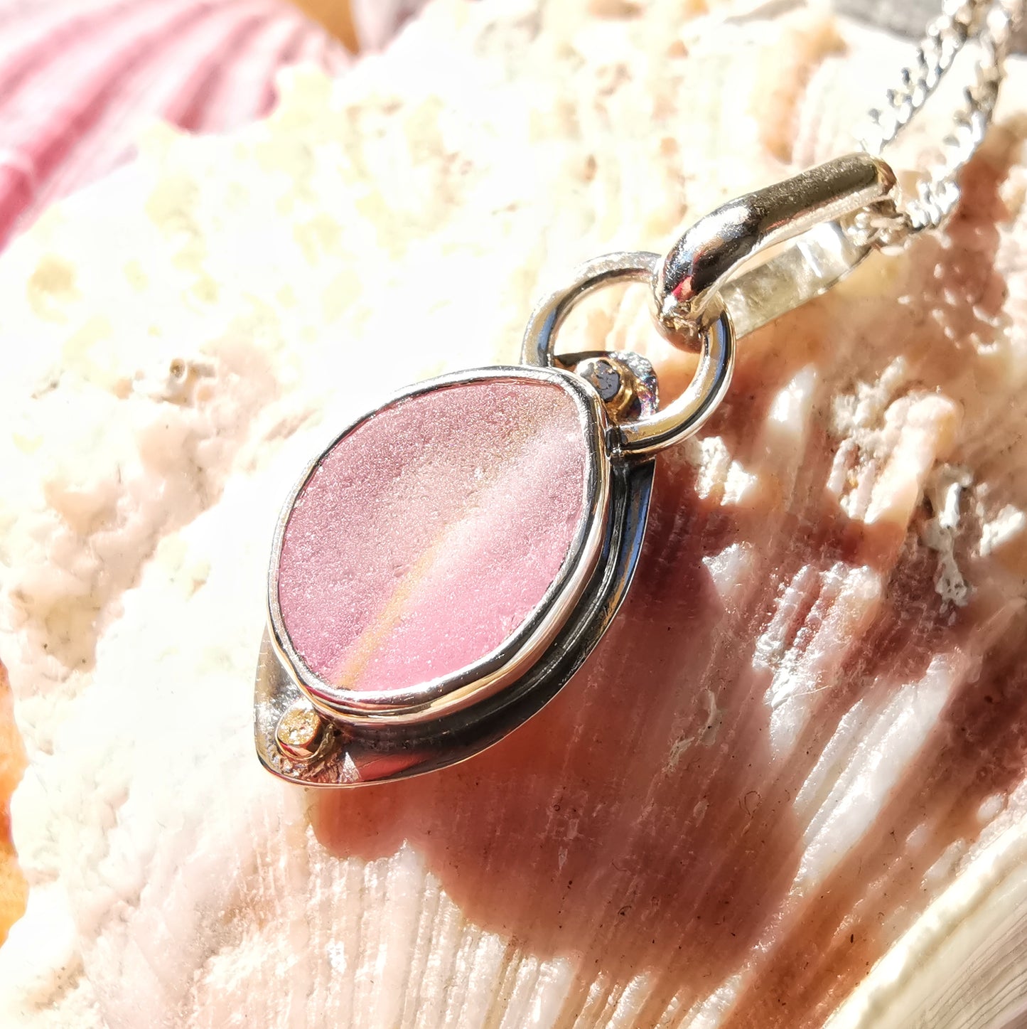 Scottish pink sea glass & sterling silver and 9ct gold pendant.