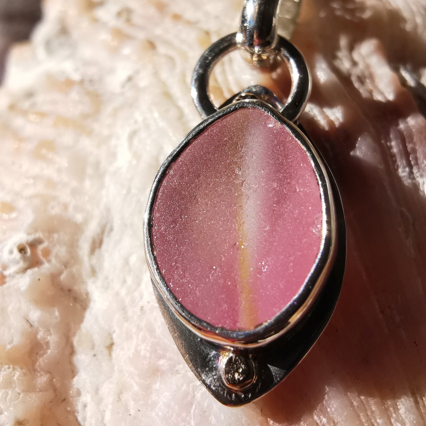 Scottish pink sea glass & sterling silver and 9ct gold pendant.