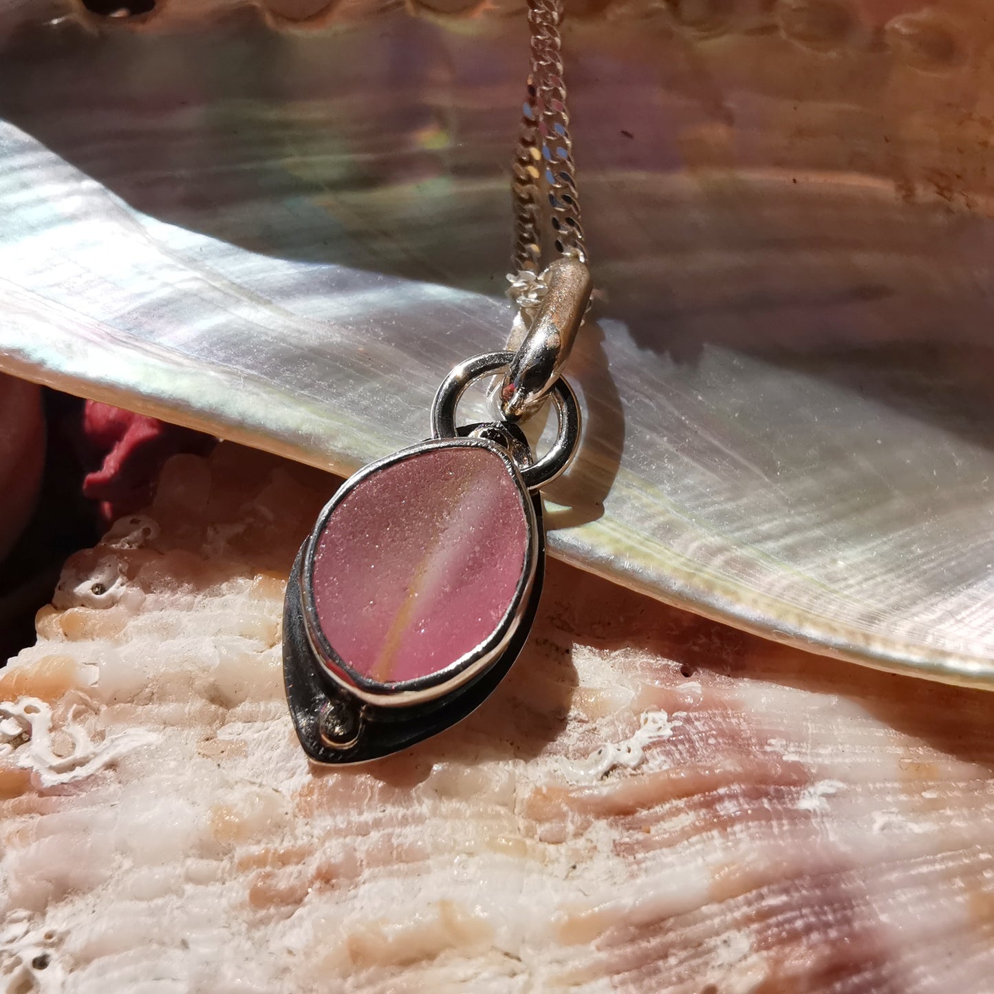 Scottish pink sea glass & sterling silver and 9ct gold pendant.