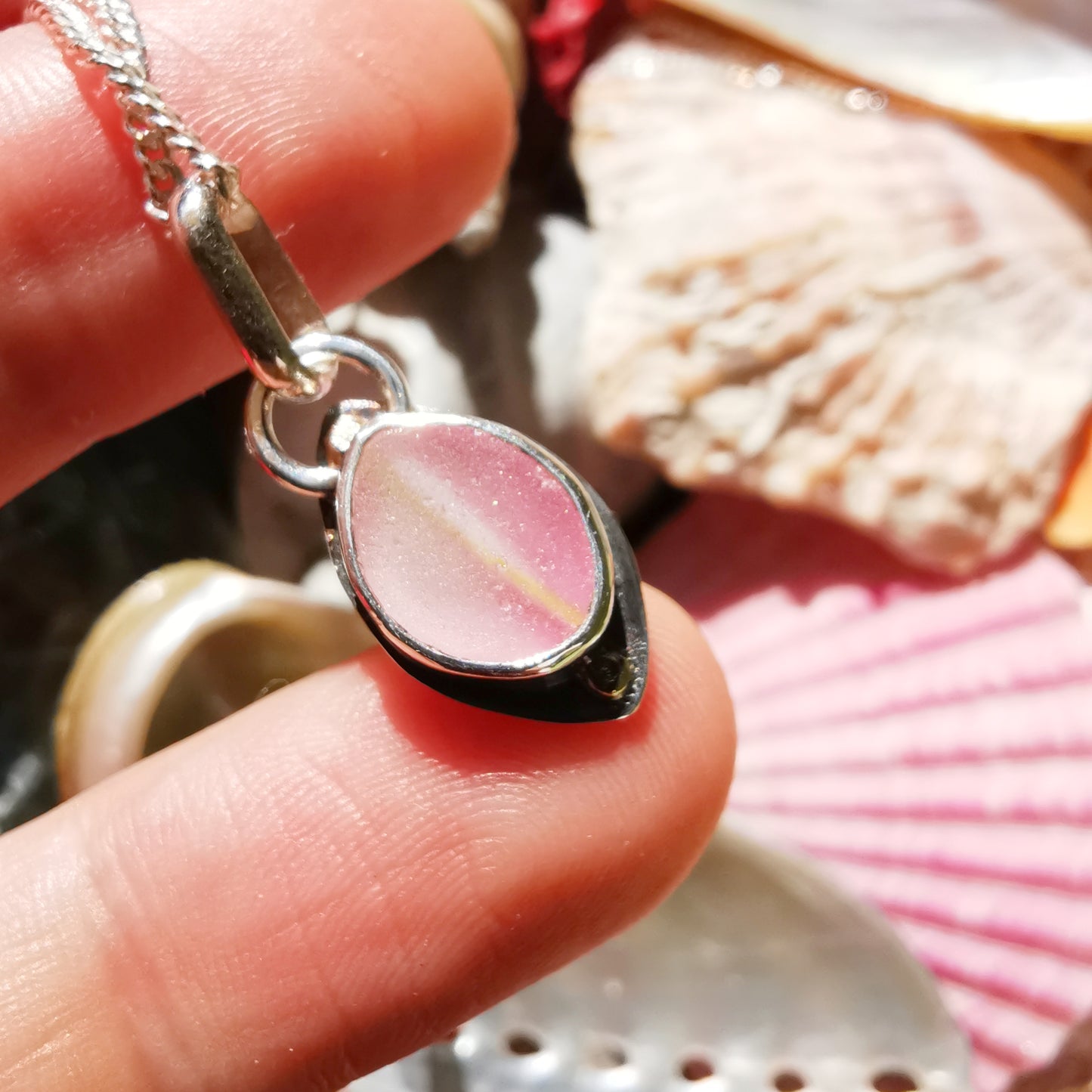 Scottish pink sea glass & sterling silver and 9ct gold pendant.