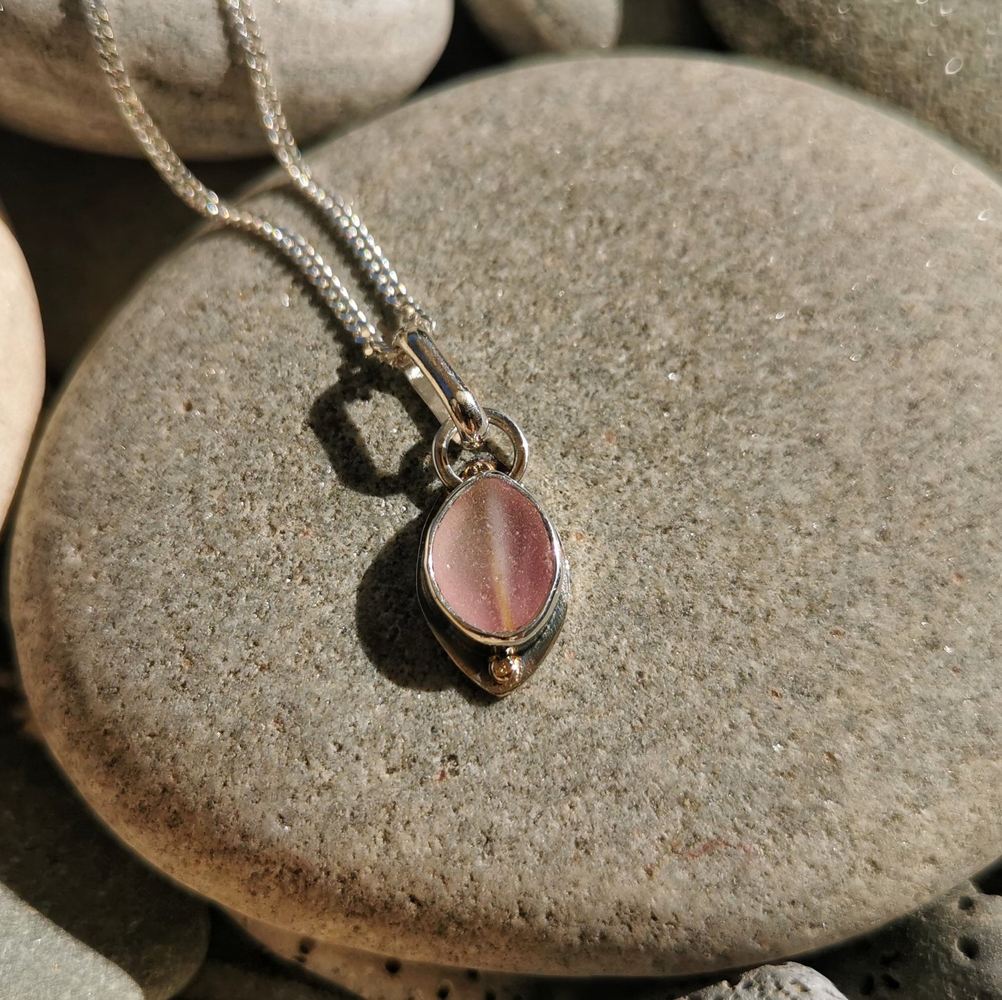 Scottish pink sea glass & sterling silver and 9ct gold pendant.