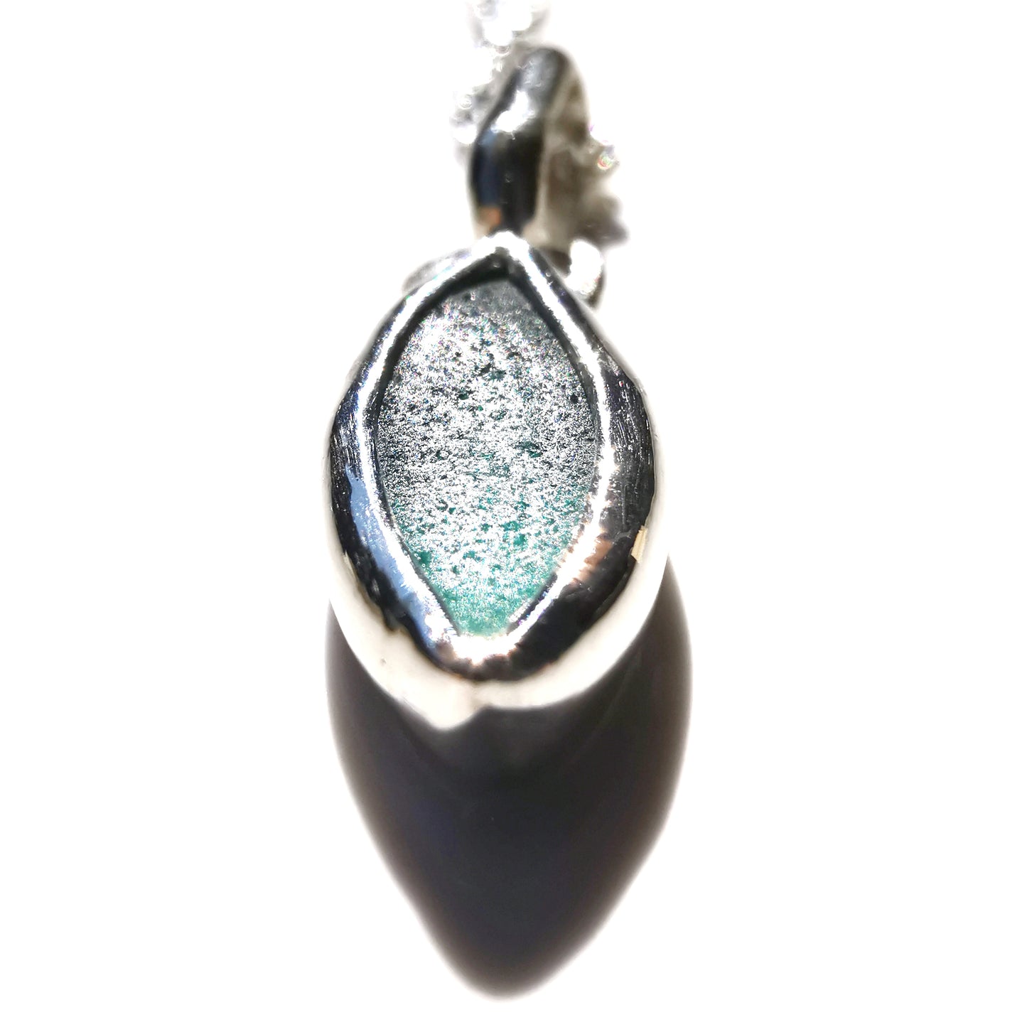 Tiny Scottish teal sea glass & sterling silver pendant.