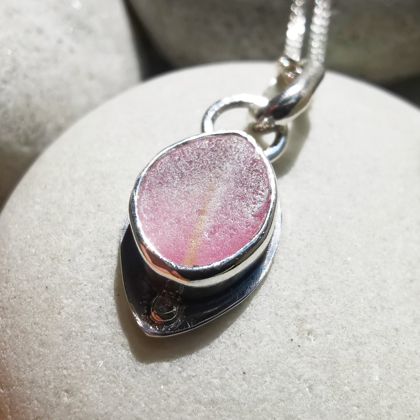 Scottish pink sea glass & sterling silver and 9ct gold pendant.