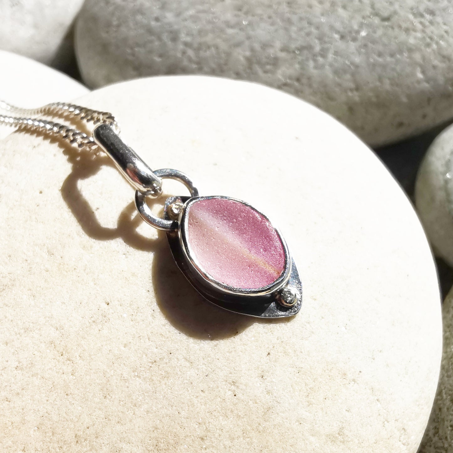 Scottish pink sea glass & sterling silver and 9ct gold pendant.