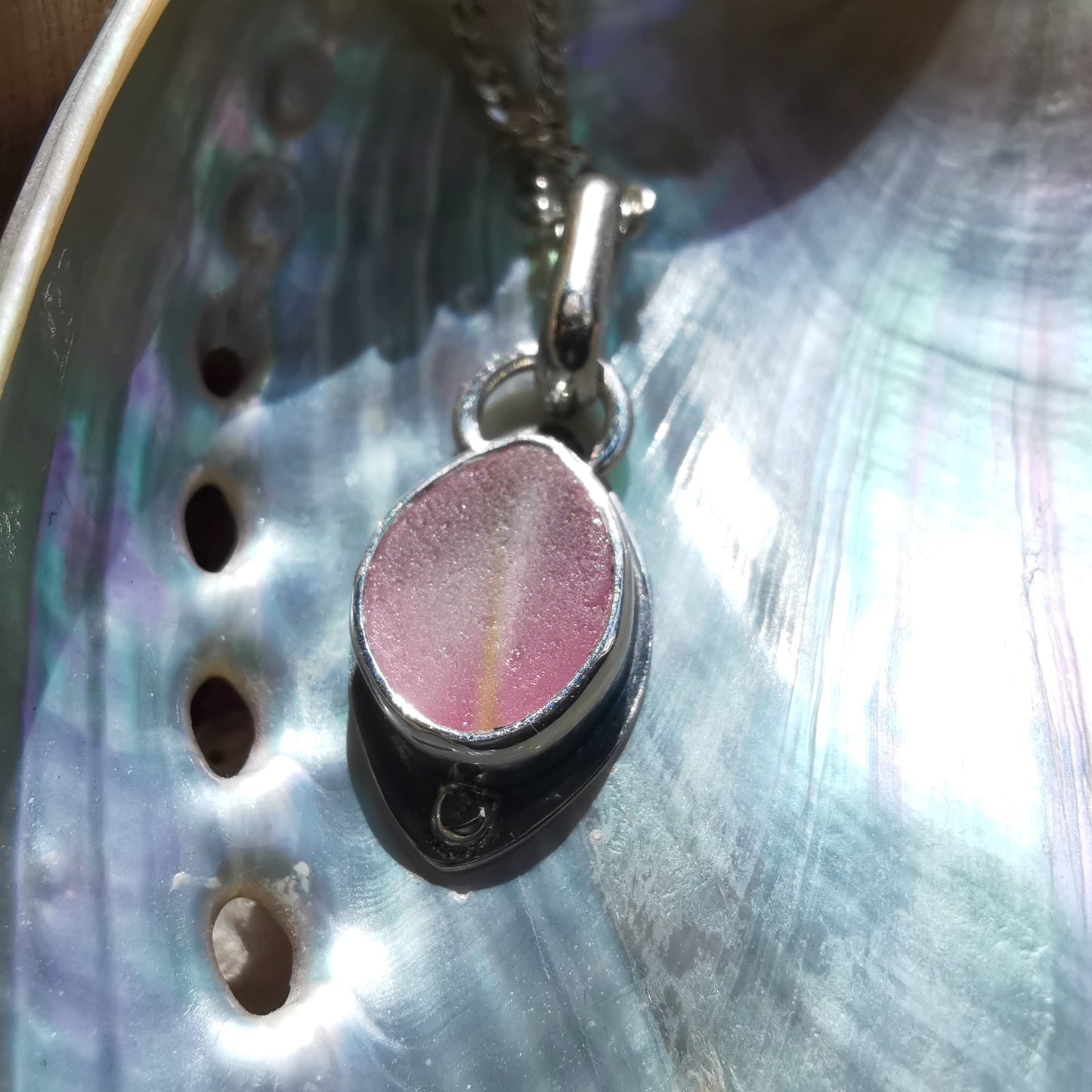 Scottish pink sea glass & sterling silver and 9ct gold pendant.