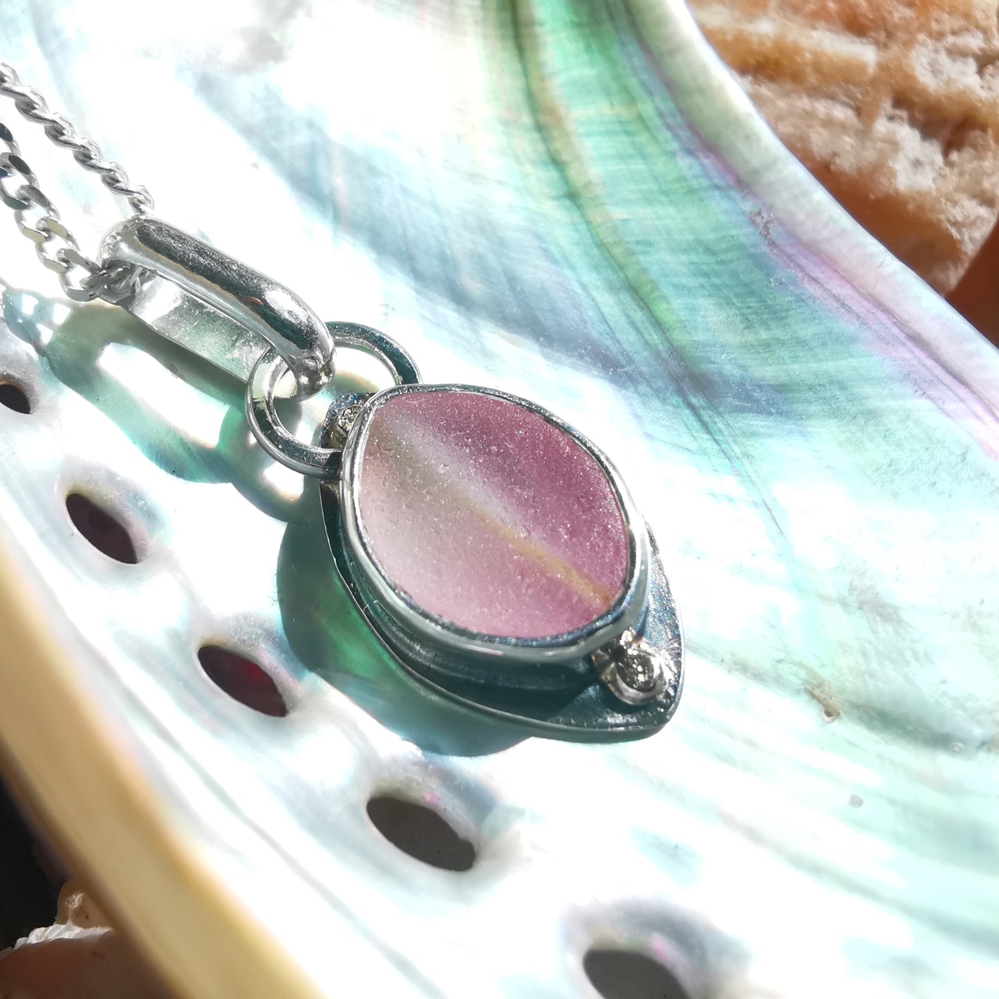 Scottish pink sea glass & sterling silver and 9ct gold pendant.