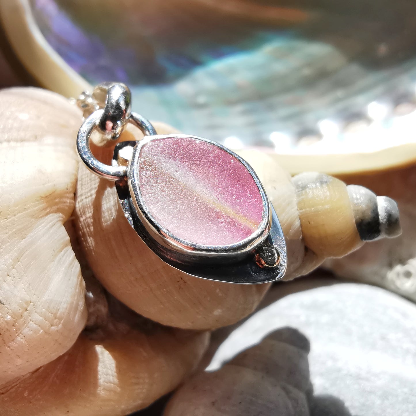Scottish pink sea glass & sterling silver and 9ct gold pendant.