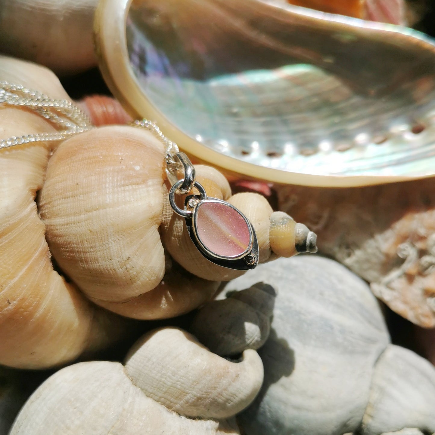 Scottish pink sea glass & sterling silver and 9ct gold pendant.