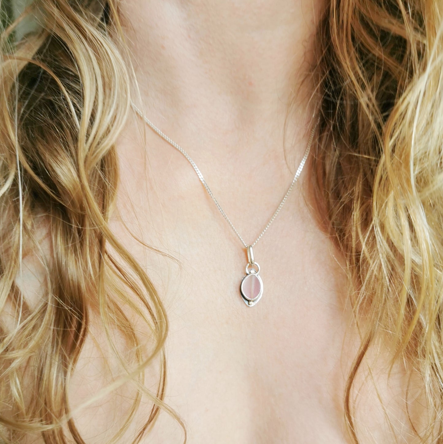 Scottish pink sea glass & sterling silver and 9ct gold pendant.