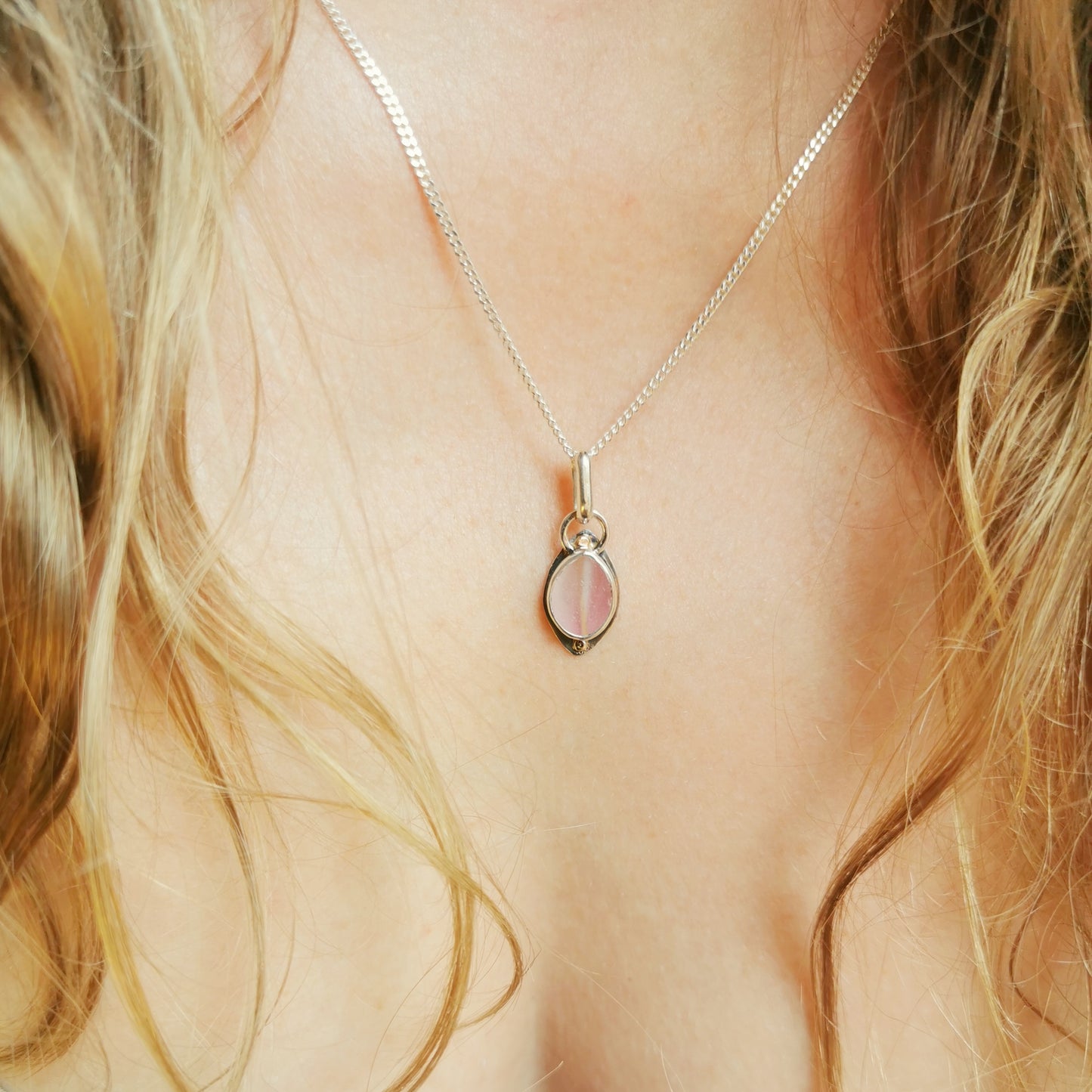 Scottish pink sea glass & sterling silver and 9ct gold pendant.