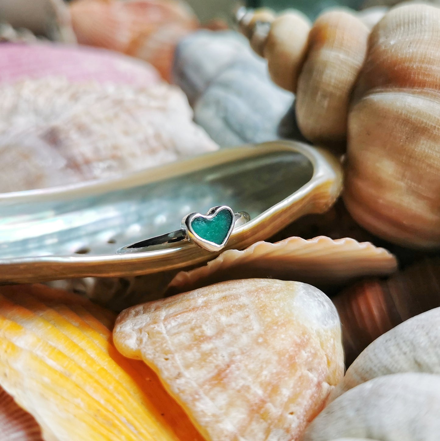 Tiny Scottish teal green sea glass heart & sterling silver ring.