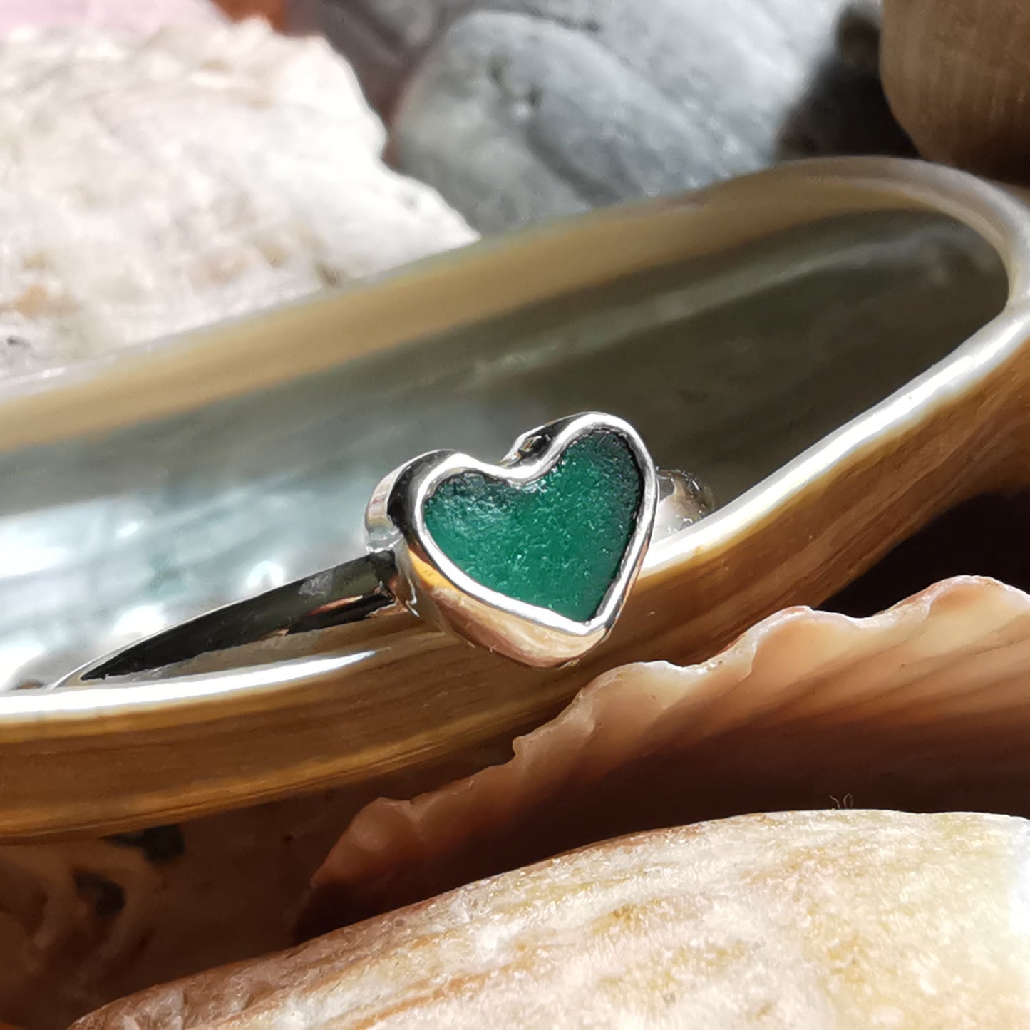 Tiny Scottish teal green sea glass heart & sterling silver ring.