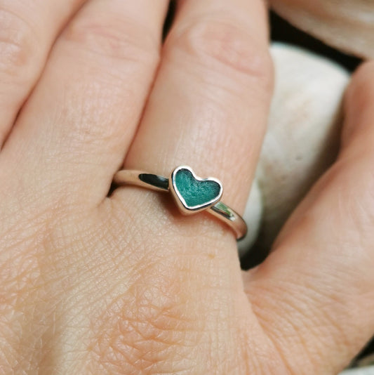 Tiny Scottish teal green sea glass heart & sterling silver ring.