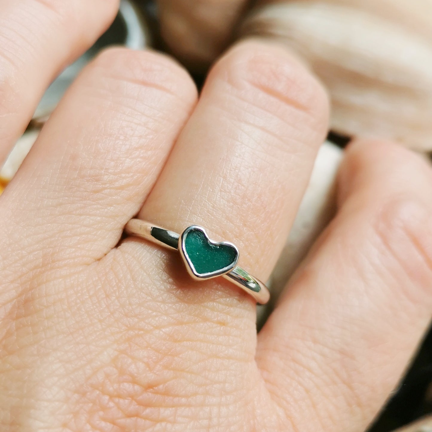 Tiny Scottish teal green sea glass heart & sterling silver ring.