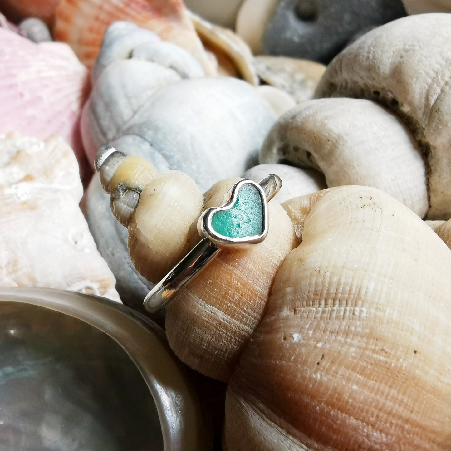Tiny Scottish teal green sea glass heart & sterling silver ring.