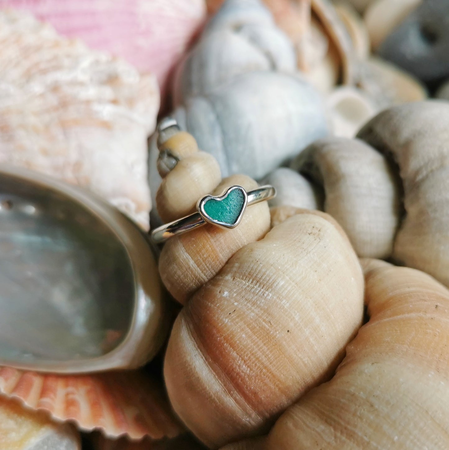 Tiny Scottish teal green sea glass heart & sterling silver ring.