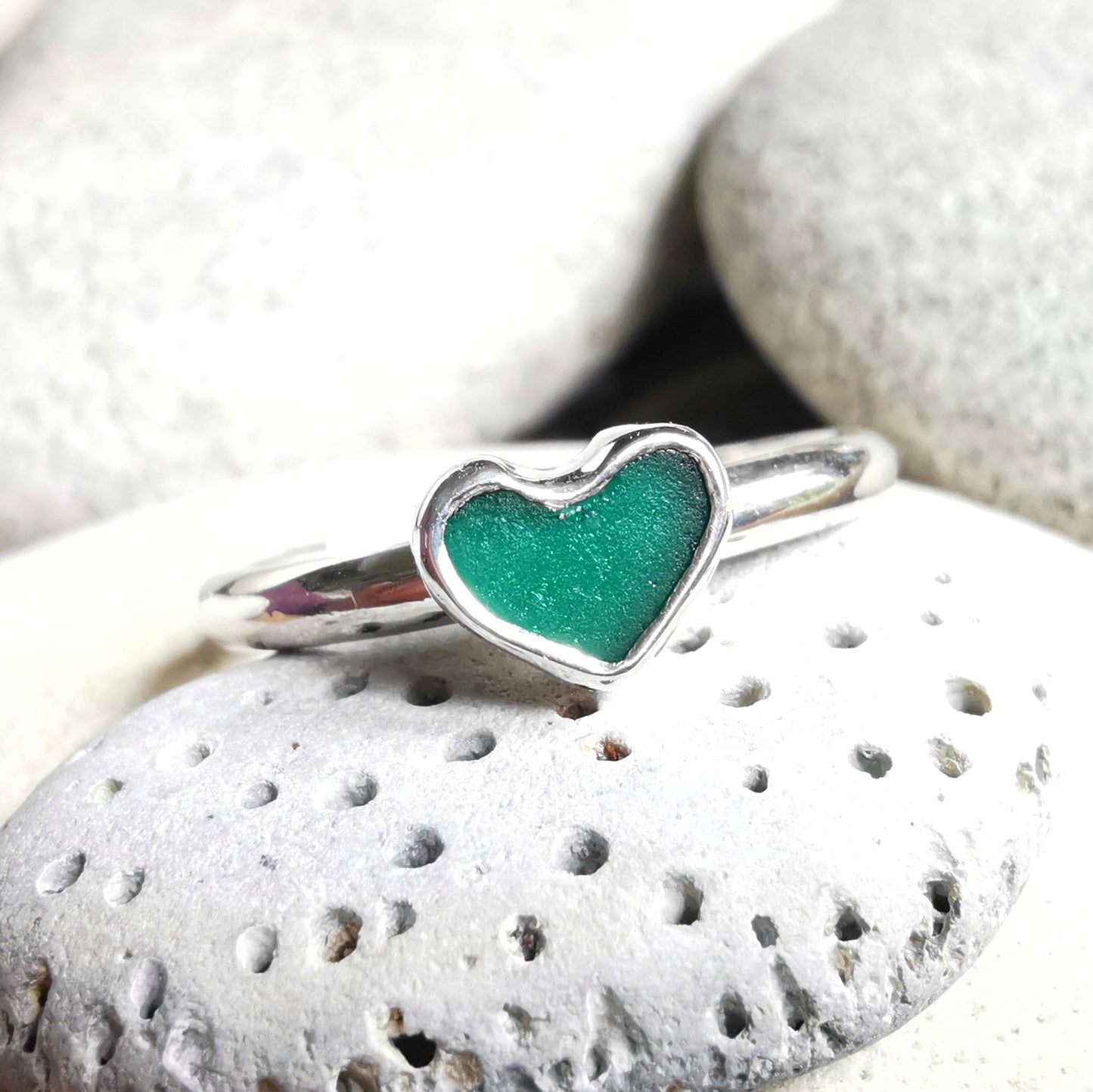 Tiny Scottish teal green sea glass heart & sterling silver ring.
