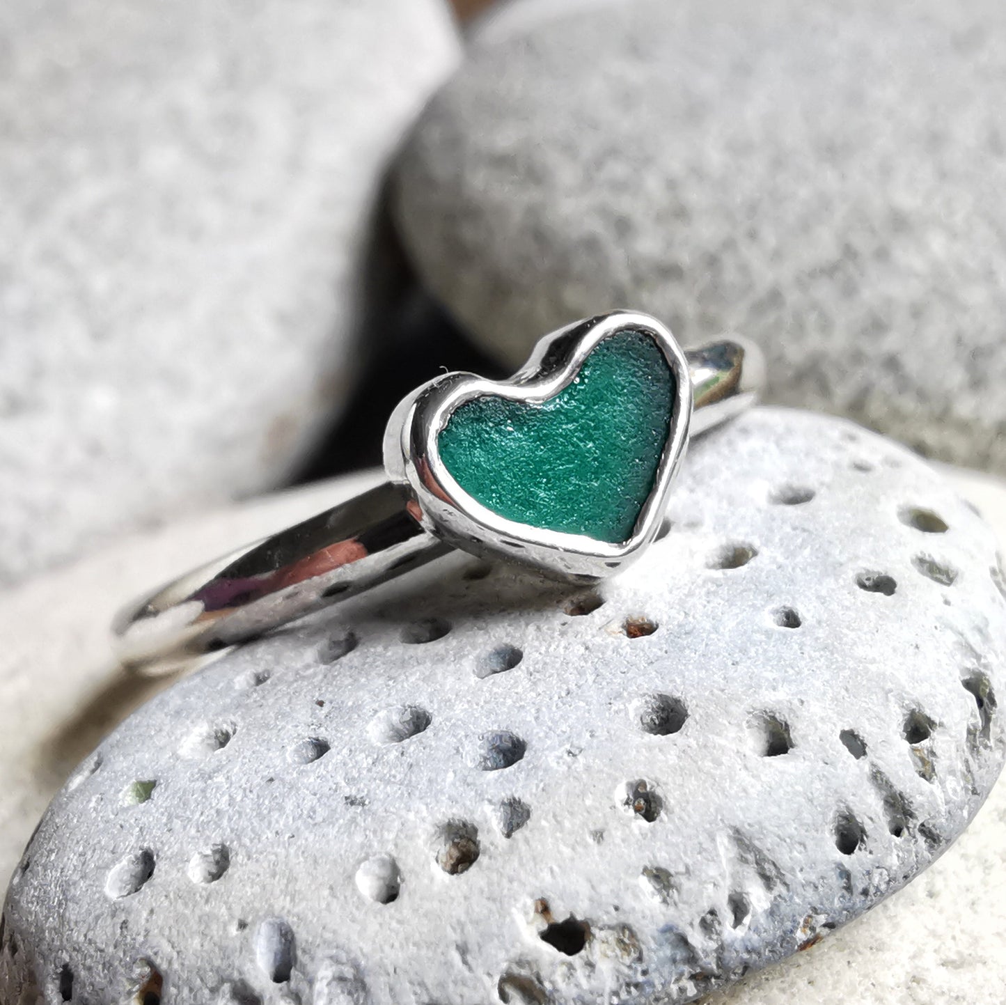 Tiny Scottish teal green sea glass heart & sterling silver ring.