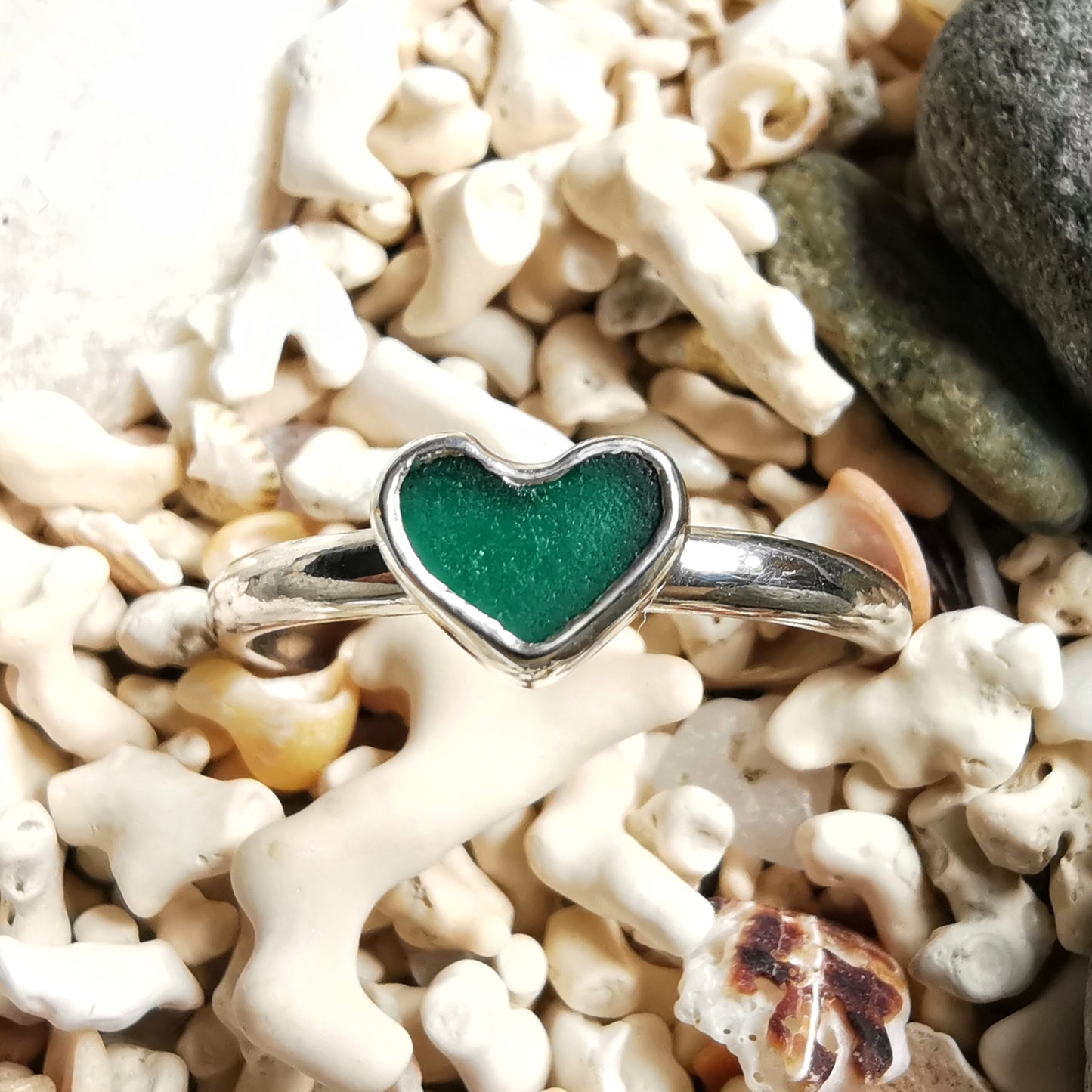 Tiny Scottish teal green sea glass heart & sterling silver ring.