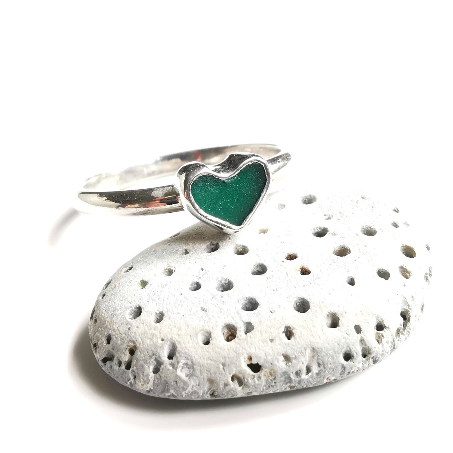 Tiny Scottish teal green sea glass heart & sterling silver ring.