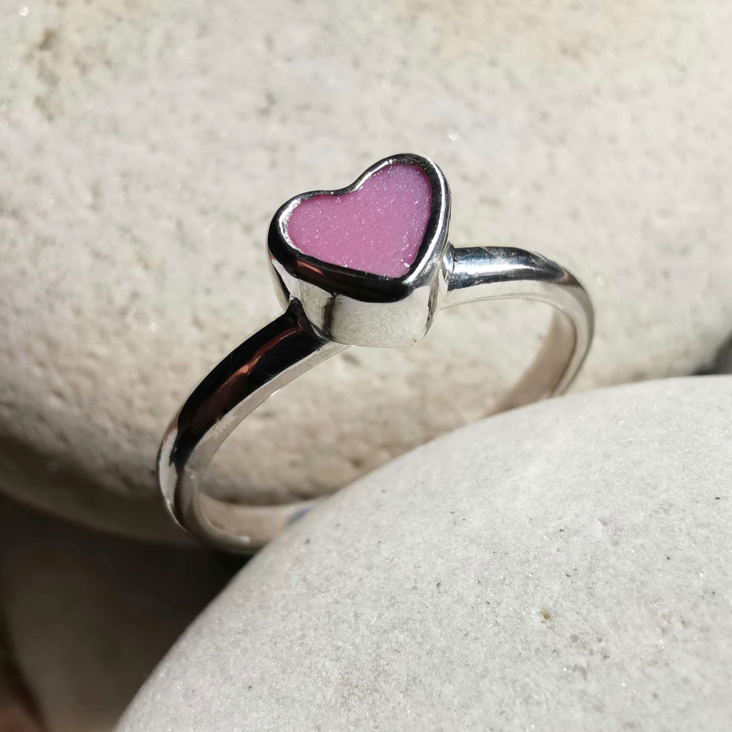 Tiny Scottish pink sea glass heart & sterling silver ring.