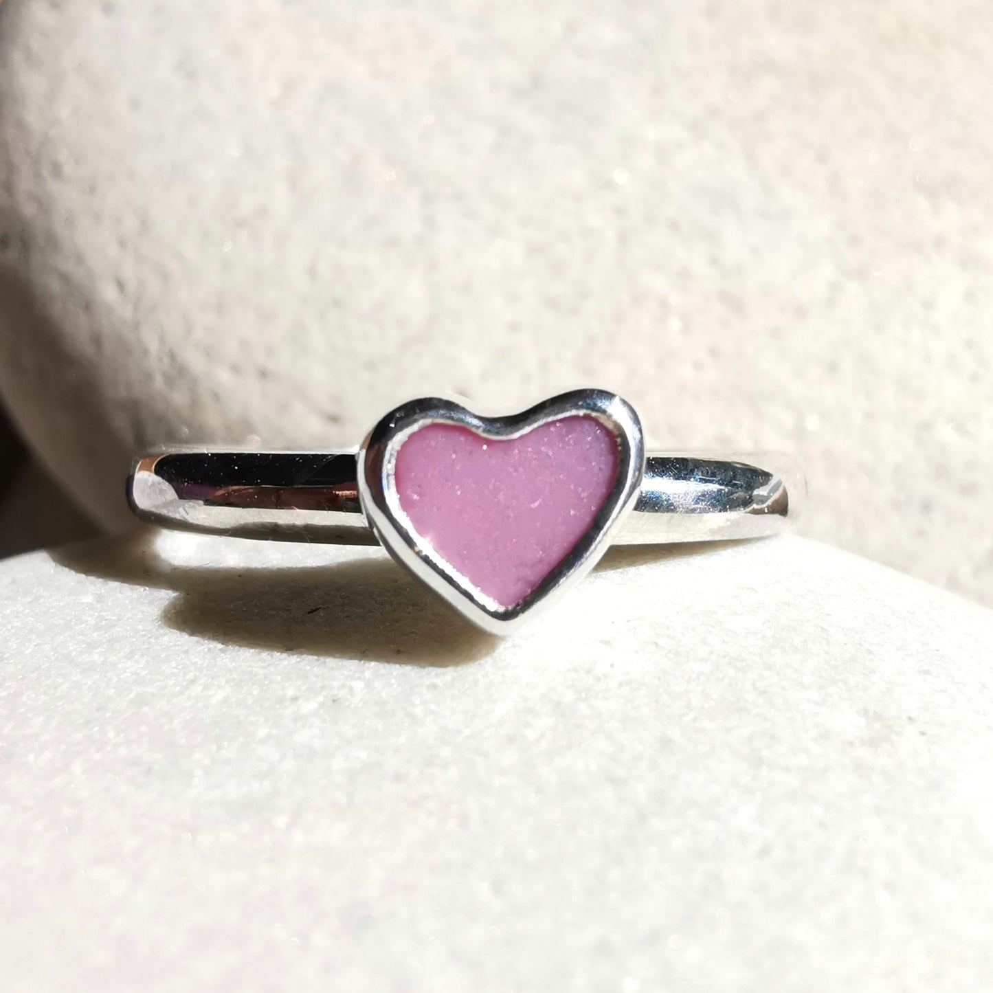 Tiny Scottish pink sea glass heart & sterling silver ring.