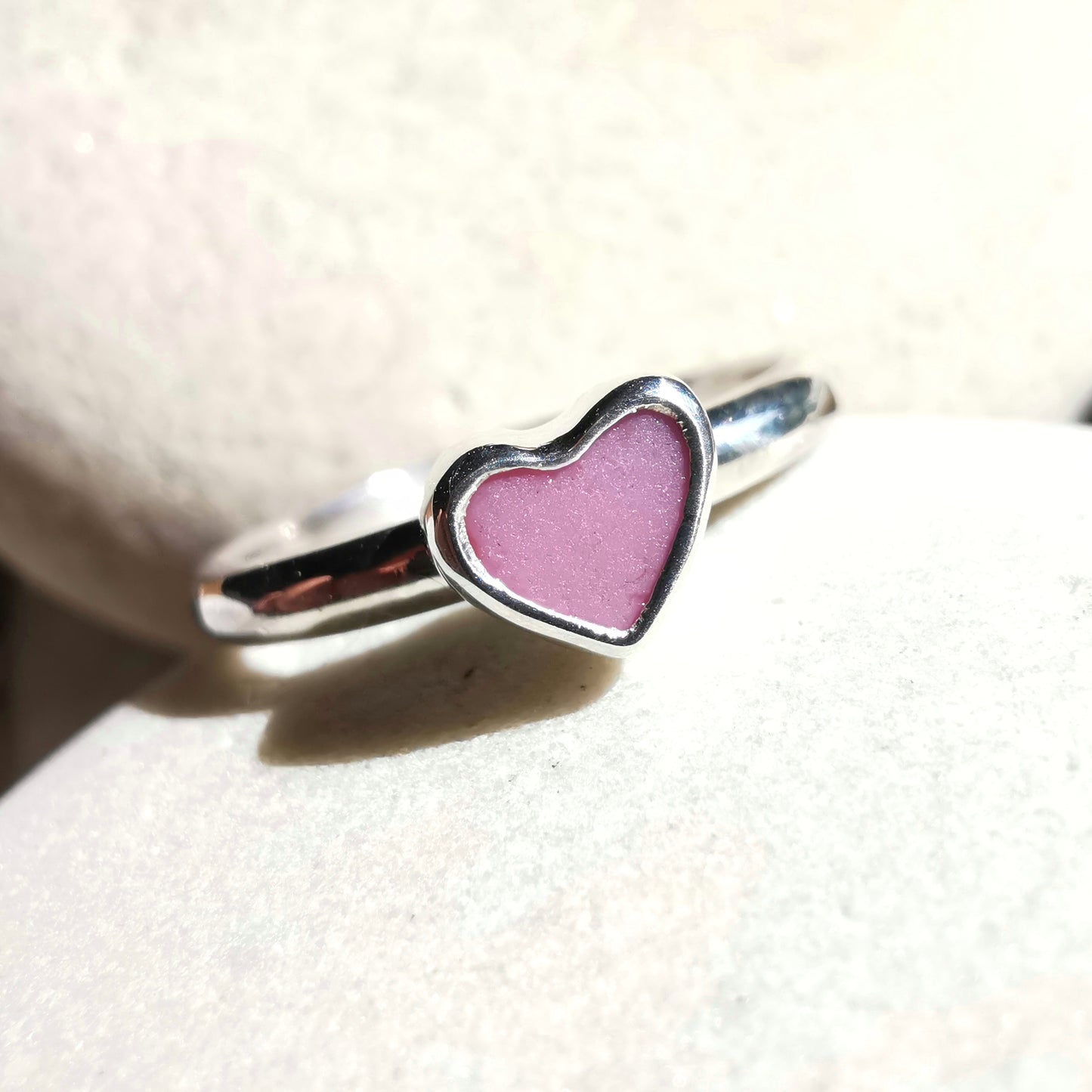 Tiny Scottish pink sea glass heart & sterling silver ring.