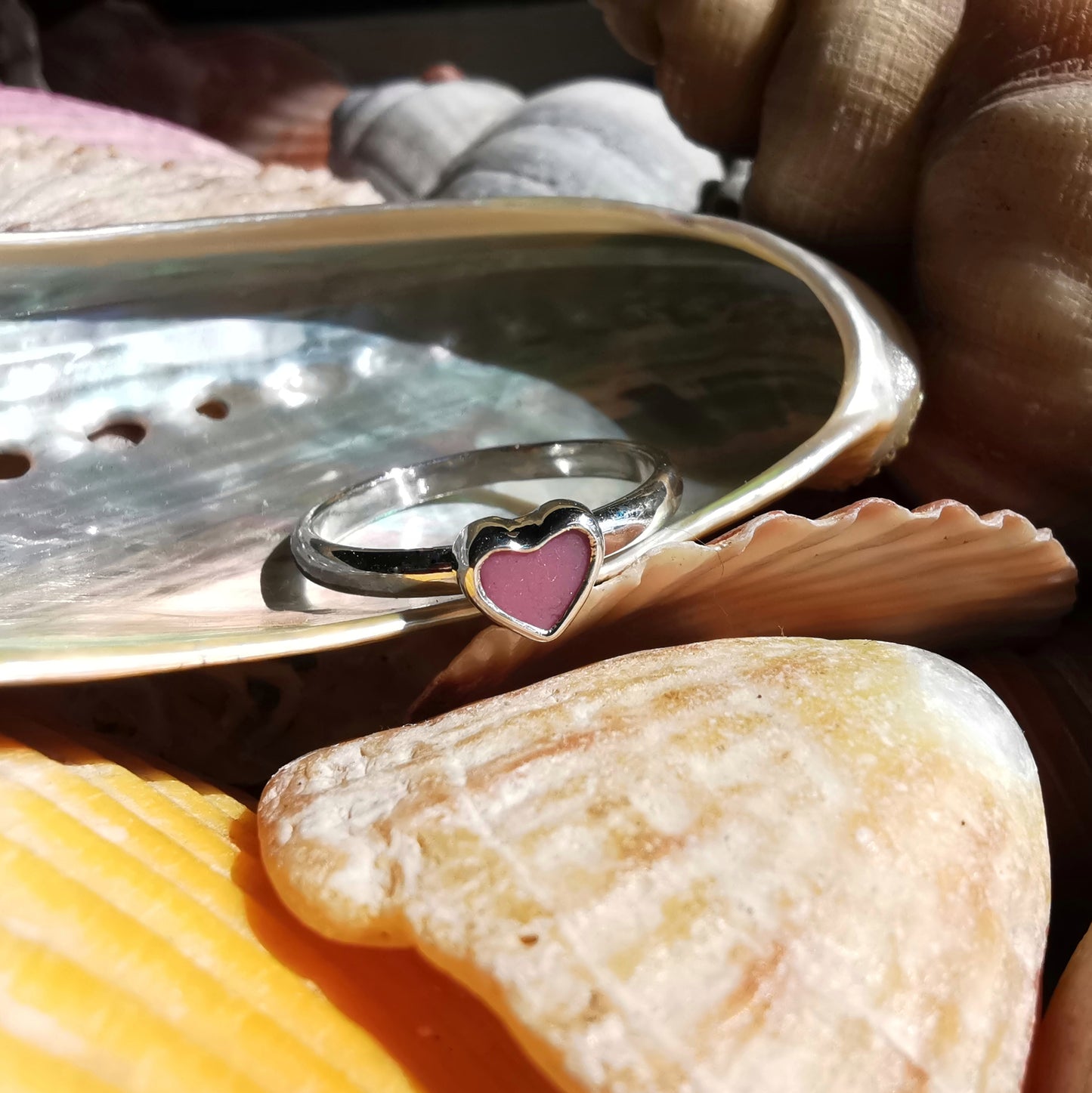 Tiny Scottish pink sea glass heart & sterling silver ring.