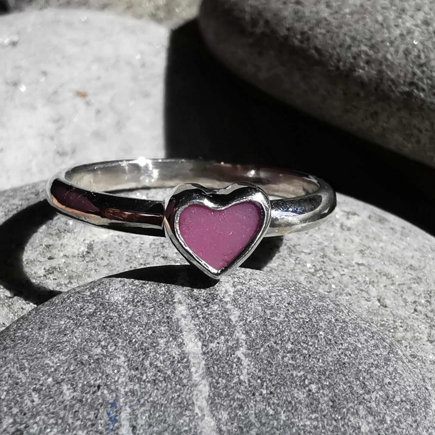 Tiny Scottish pink sea glass heart & sterling silver ring.